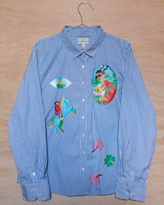 Blue Striped Shirt with Flower Girl on Chest