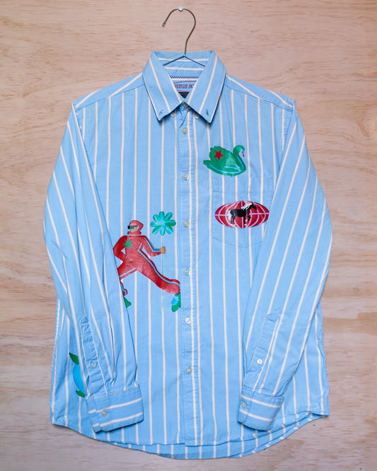 Blue Striped Shirt with Green Swan